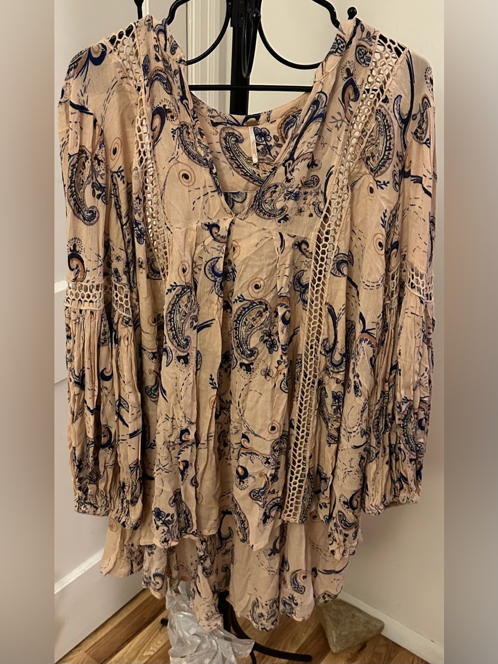 Free People Tan Tunic with Navy Paisley and Crochet Trim Size Small